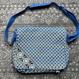 Vera Bradley Riviera Blue and Yellow Adjustable Strap Messenger Bag Front Flap